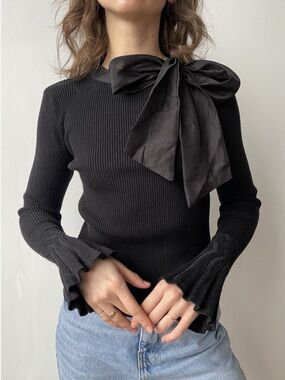CHICWISH Bow Tied Long Sleeve Knit Top Mock Neck Slim Fitted Sweater Black